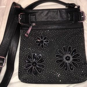 Black and silver flower detailed cross body bag
